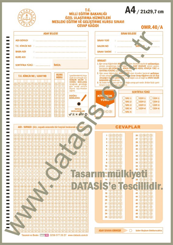 Sürücü belgesi SRC Optik Form Sınav Cevap Kağıdı (OMR-40) Ehliyet 