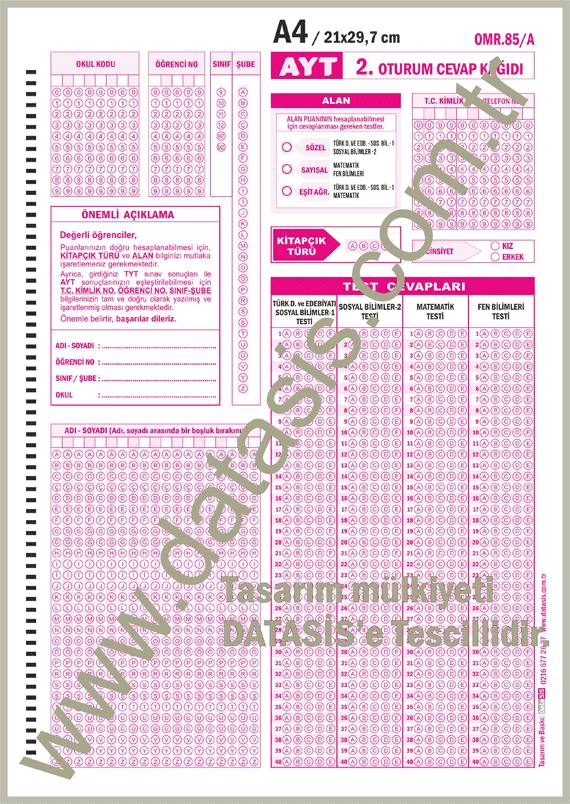 AYT Alan Yeterlilik Testi Optik Cevap Form Kağıdı (OMR-85)