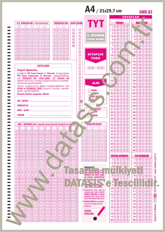 TYT Temel Yeterlilik Testi Optik Cevap Form Kağıdı (OMR 83)