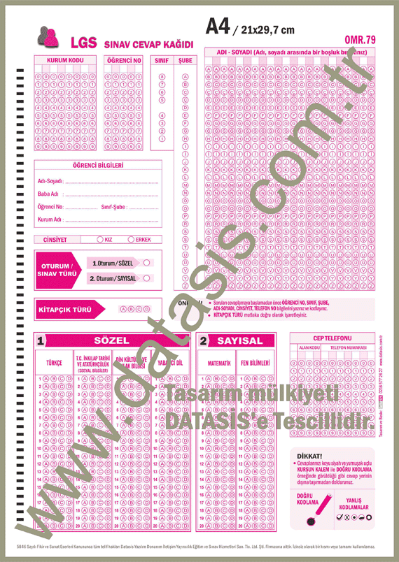 LGS Optik Form Sınav Cevap Kağıdı A4 - Sözel ve Sayısal (OMR-79)