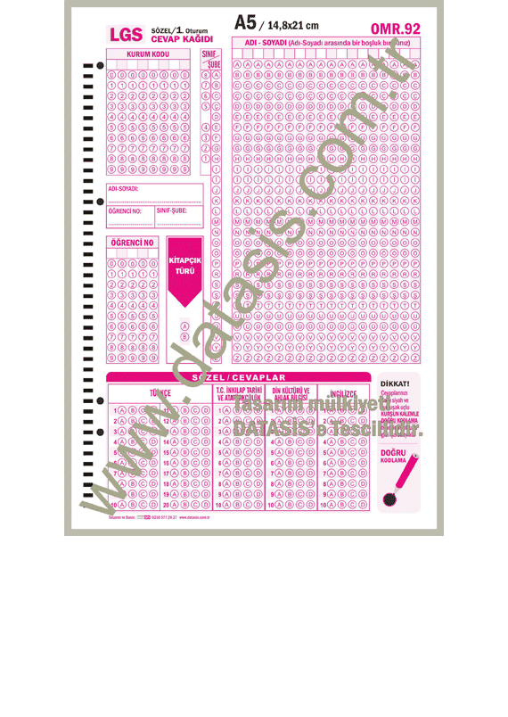 LGS Optik Form Sınav Cevap Kağıdı A5 - Sözel ve Sayısal (OMR-92 / OMR-93)