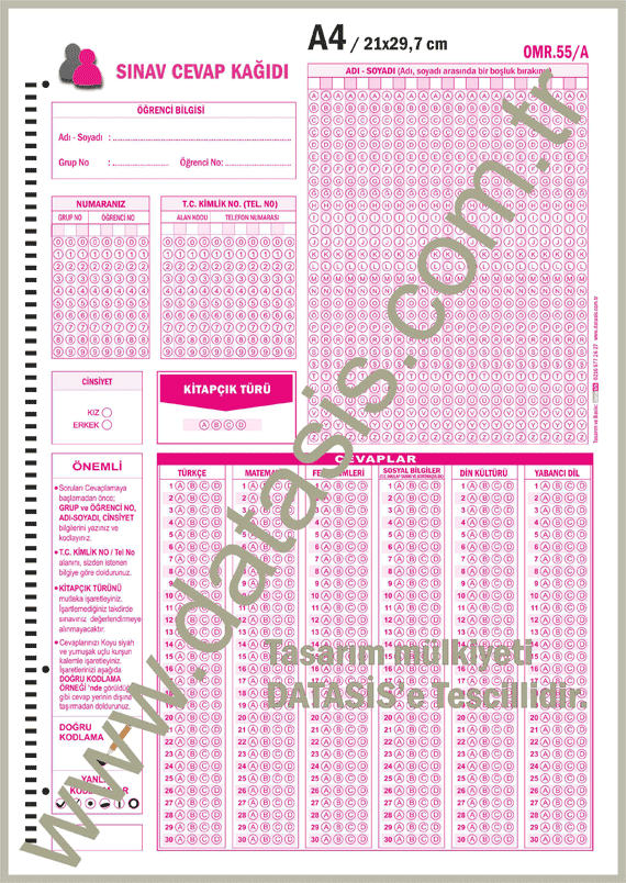 Ara Sınıflar Optik Form Cevap Kağıdı / Ortaokul (OMR-55/A)