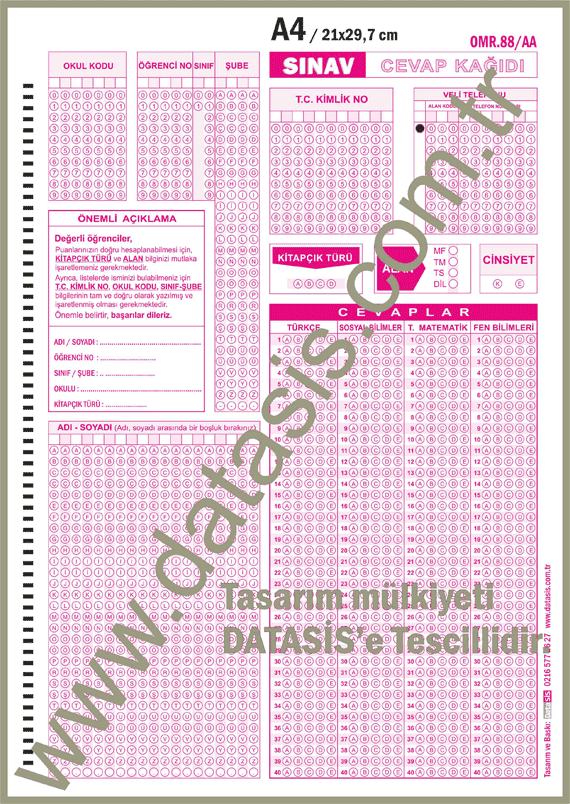 Ara Sınıflar Optik Form Cevap Kağıdı / Lise (OMR 88/AA)