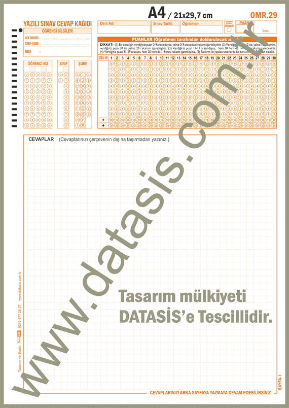 Açık Uçlu Optik Form Cevap Kağıdı (Form-29) Klasik Sınav Puanlama Formu