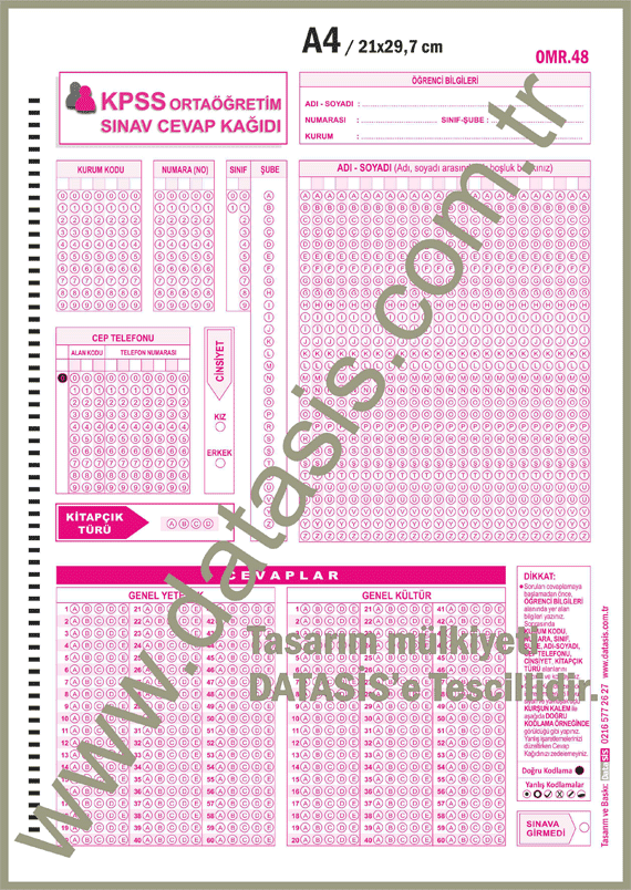 Kamu Personeli Seçme Sınavı (KPSS) Optik Form Cevap Kağıdı (Orta Öğretim - OMR-48)